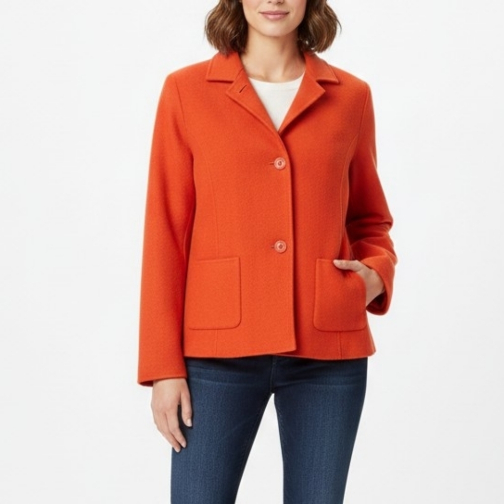 Talbots Women's Wool Fleece Button Blazer Jacket Bright Red, Size 8.